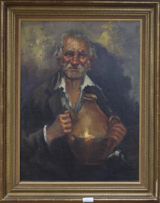 Continental School (20th century), oil on canvas, Portrait of an elderly toper holding a wine flagon, 78cm x 58cm